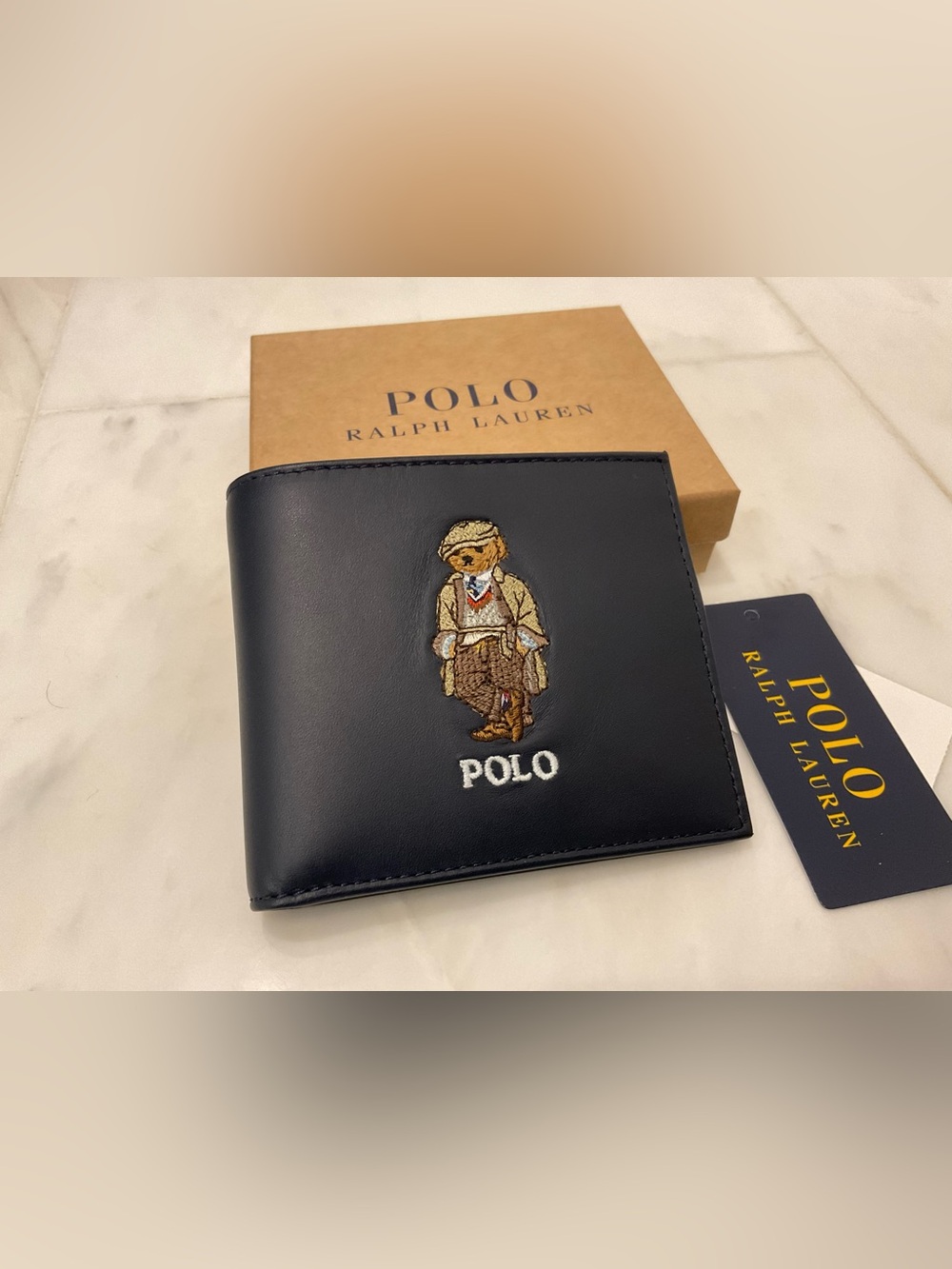 NEW Polo Ralph Lauren Navy Blue HERITAGE BEAR Leather Double Billfold Wallet - Picture 7 of 11